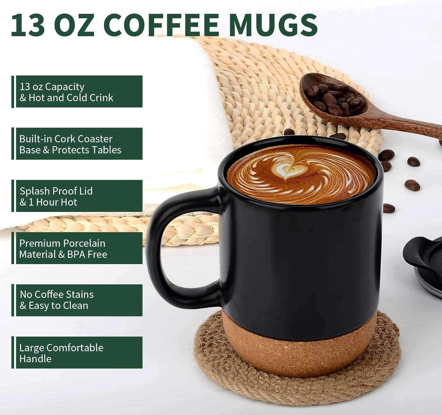 Customizable Ceramic Mug with Cork Bottom and Lid