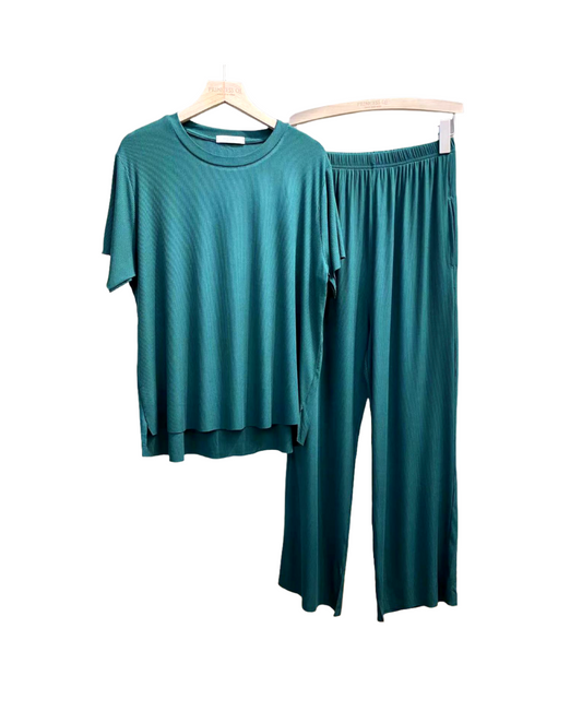 Women Two Piece Travel Loungewear Top & Pant Set - Teal Green