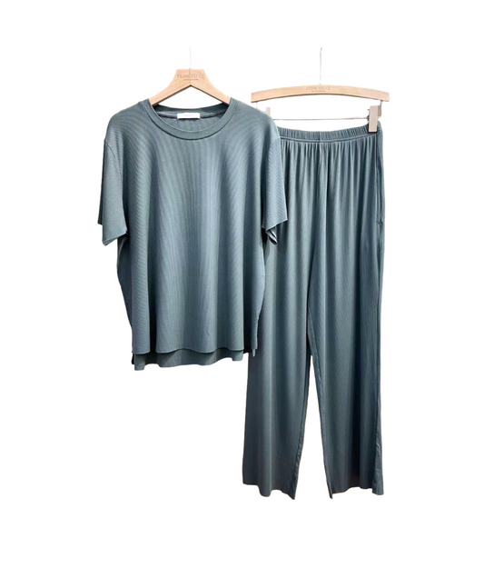 Women Two Piece Modest Loungewear Top & Pant Set - Teal Blue