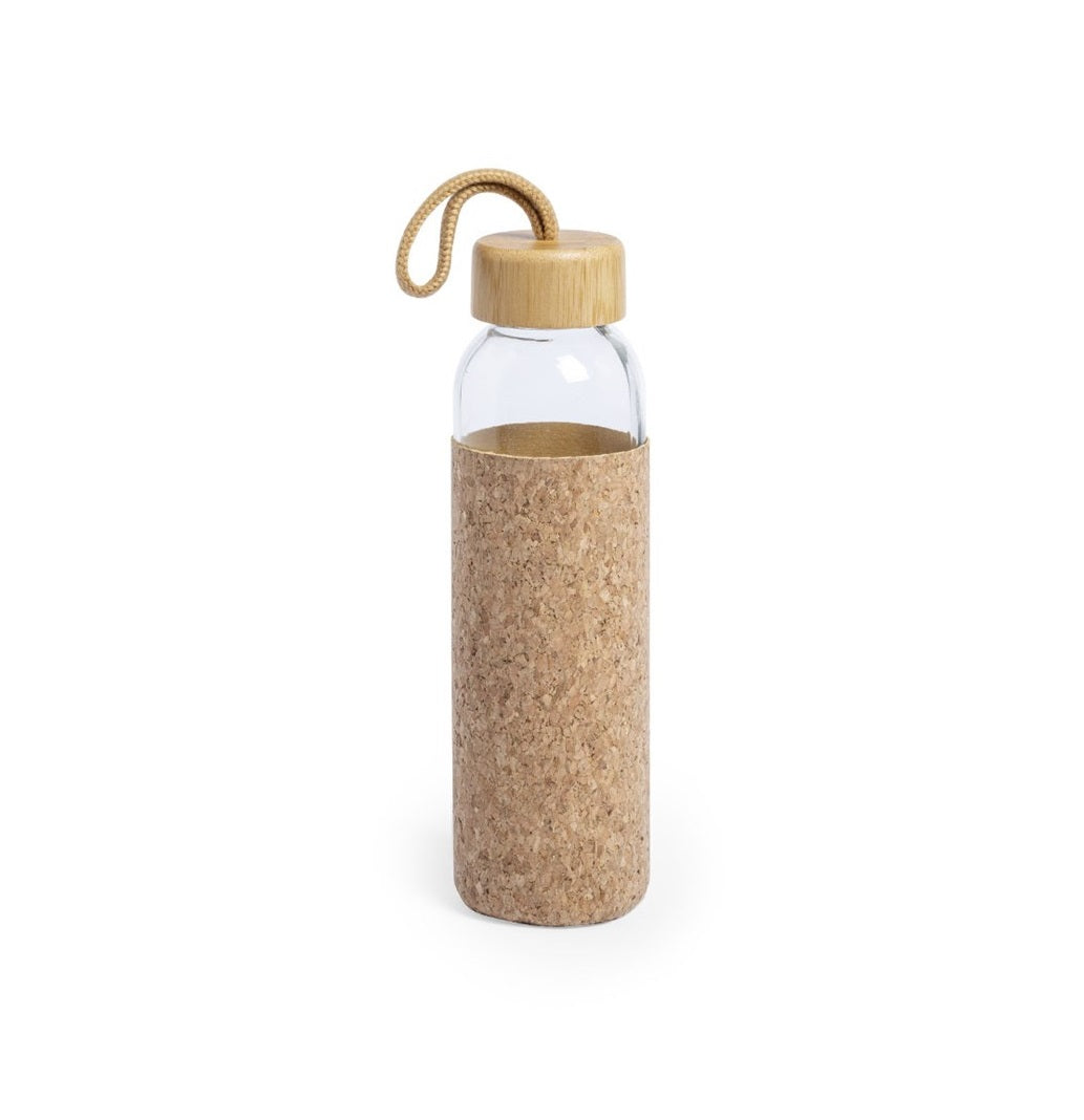 Borosilicate Glass Water Bottle with Cork Sleeve and Bamboo Lid (With Custom Logo on Bottle)