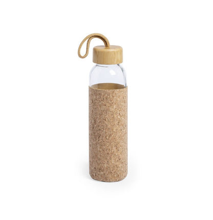 Borosilicate Glass Water Bottle with Cork Sleeve and Bamboo Lid (With Custom Logo on Bottle)