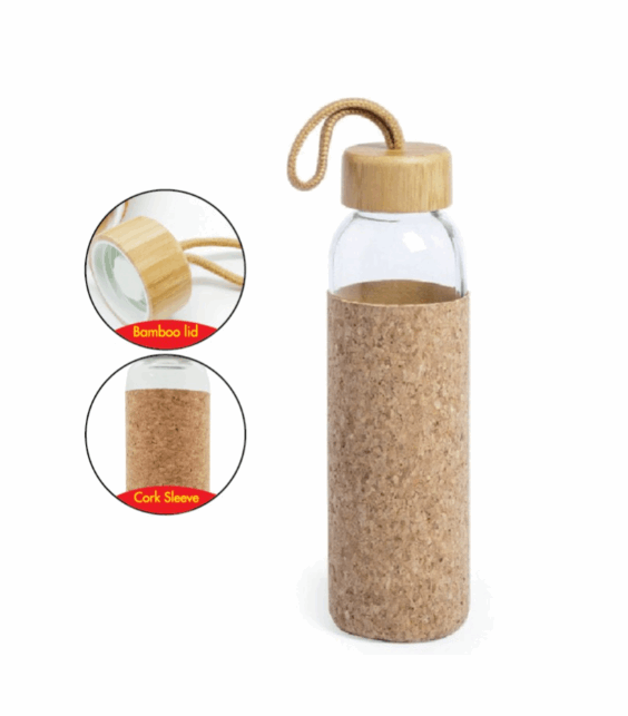 Borosilicate Glass Water Bottle with Cork Sleeve and Bamboo Lid