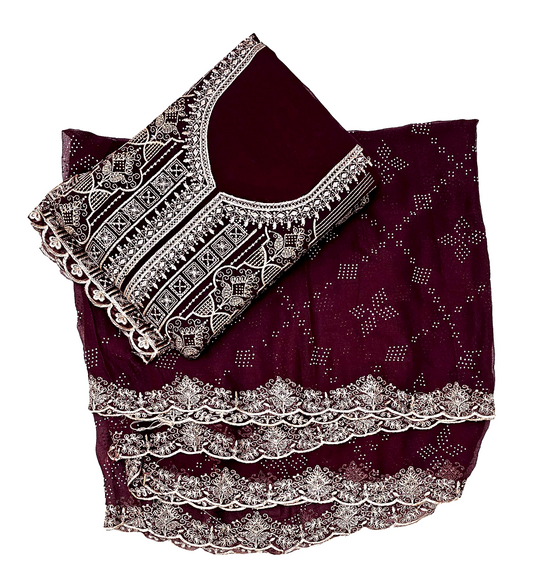 Georgette Stonework Embroidery Unstitched Suit Set - Maroon